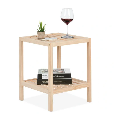 Image of Relaxdays Side Table for Living Room or Bedroom, Pine Wood, HWD: 50 x 40 cm, Bedside, Square Storage Board, Natural