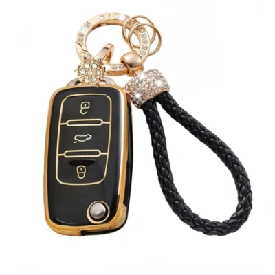 Image of RXXR Car Key Case Compatible with VW, VW Golf Box, Cover for Polo Passat Skoda Seat 3 Buttons (Key Gold Black)