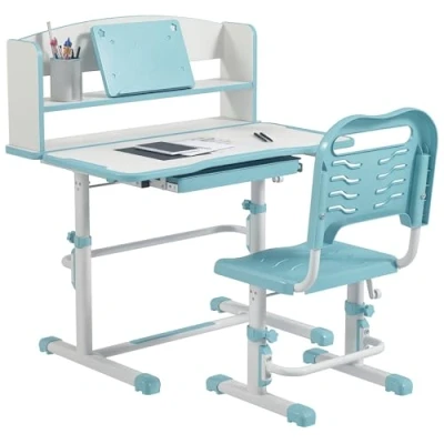 Image of ZONEKIZ Kids Desk and Chair Set, Height Adjustable Children School Study Table with Drawer, Bookshelf, Angle Tabletop, Non slip Mat, for Ages 6 12 Years Blue