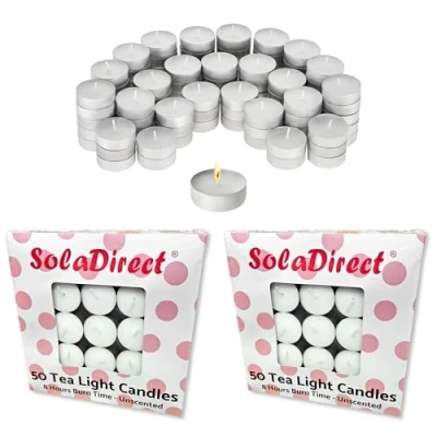 Image of SolaDirect 8 Hour Tea Lights Candles, 100 Pack, Long Burning Tealights Candle, Unscented White Ideal Night Light Candles for Restaurants, Weddings, Parties, Dates, Decoration &amp; More!