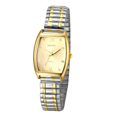 Image of JewelryWe Rectangular Business Elastic Watch: Analog Quartz Gold Plated Exquisite Stretch Band Watch Stainless Steel Strap Wristwatch for Women Mother&#039;s Day