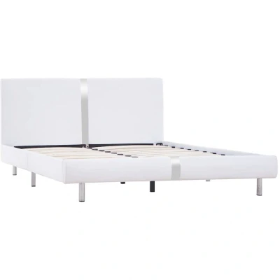 Image of vidaXL Modern Double Bed Frame in White Faux Leather 135x190 cm 4FT6 Size with Powder coated Iron Frame, MDF and Steel Legs Easy to Assemble