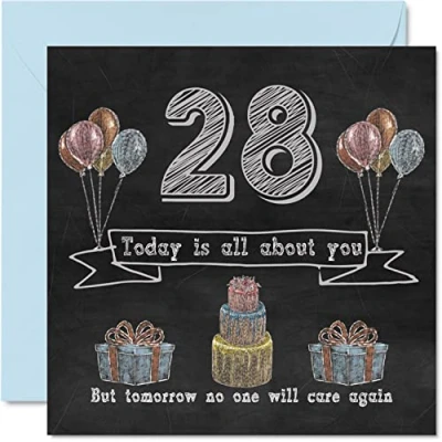 Image of Funny 28th Birthday Cards for Men Woman Chalk Blackboard Happy Card Nephew Daughter Son Sister Brother Auntie Niece Uncle Cousin, 145mm x Humour Banter Greeting