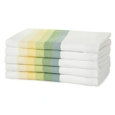 Image of Sticky Toffee 100% Cotton Tea Towel Multicoloured Green Herringbone Stripe Pattern, Pack of 5 Kitchen Set Absorbent, Strong, Quick Dry Home &amp; Bathroom Accessories