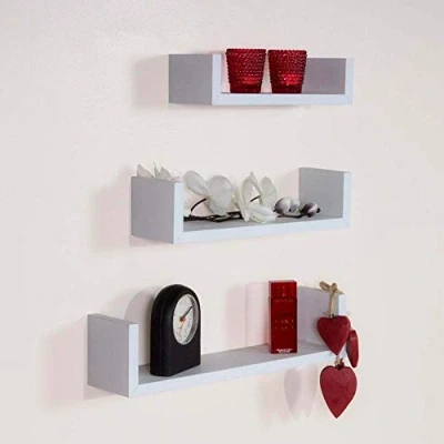Image of Set Of 3 Different Sizes U Shaped Wooden Floating Shelf DIY Display Unit Shelves (White)