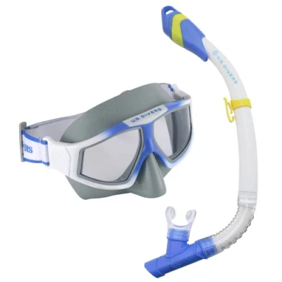 Image of U.S Divers Mask and Snorkel Combo Avila White Blue Lenses Dark