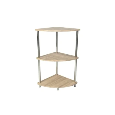 Image of Saxony® Corner Shelf Unit 3 Tier Oak Finish Shelving Storage Shelves Small Bookshelf Free Standing Stainless Steel Legs Living Room Decor Stylish Indoor Furniture