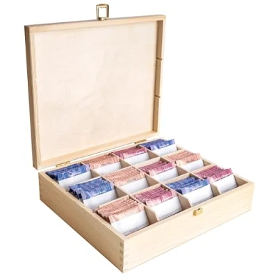 Image of Creative Deco Unpainted Wooden Tea Box Storage with Lid 12 Compartments 29x25x7.5cm Natural Wood Luxury Compartment Organiser Keepsake Caddy Chest for Chocolate &amp; Coffee Gift Christmas Xmas