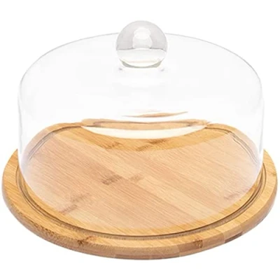 Image of Bell Jar Cake Glass Hood Cheese with Bamboo Plate Serving Wooden Board 21X21X15.7CM