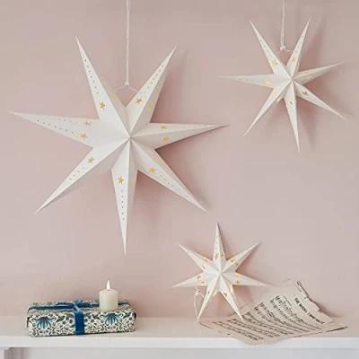 Image of Lights4fun Set of 3 White Paper Star Lanterns Hanging Christmas Decoration 7 Points 60 Warm LEDs Battery Operated with Timer Indoor Use