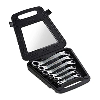Image of Relaxdays Spanner Set, 6X Pieces, Ring Rachet, 6 15, 17 &amp; 19 mm, in Travel Case, Steel, Home DIY, Reversible, Silver