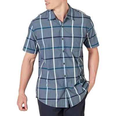 Image of Amazon Essentials Men&#039;s Regular Fit Short Sleeve Poplin Shirt, Denim Large Plaid, XXL