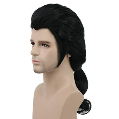Image of Karlery Men Long Wave Black Wig Gaston Colonial Halloween Costume Cosplay