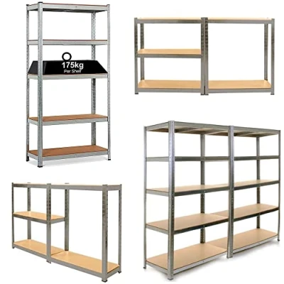 Image of DENNY 5 Tier Garage Shelving Units 180 x 90 40 cm Storage Shelves for Metal Unit Heavy Duty Racking Warehouse, Garage, Shed, and Workshop