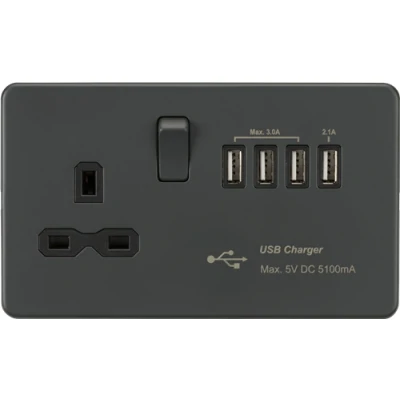 Image of KnightsBridge Screwless 13A switched socket with Quad USB charger (5.1A) Anthracite