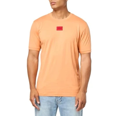 Image of HUGO Men&#039;s Ribbed Crew Neck Regular Fit Center Logo T Shirt, Tuscany Orange, XL