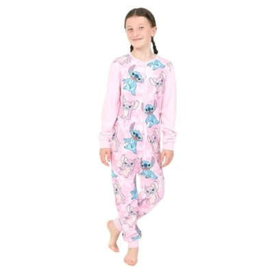 Image of Disney Girls Lilo and Stitch &amp; Angel Pink Fleece Sleepsuit Kids All in One (11 12 Years)