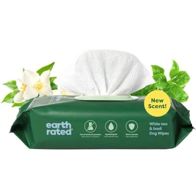 Image of Earth Rated Hypoallergenic Dog Wipes, Cleaning and Odor Controlling Grooming Wipes for Paws, Body, Butt, Perfect Puppy Adult Dogs, White Tea &amp; Basil Scent, 100 Count