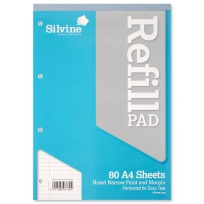 Image of Silvine Refill Pad Headbound Perforated Punched Narrow Ruled Margin 75gsm A4 Ref A4RPNM [Pack 6] [per Pack: