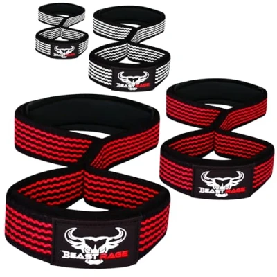 Image of BEAST RAGE Figure 8 weight lifting Straps Professional Padded Support Fitness Deadlift Powerlifters Cotton Gym Wrist (Black/Red)