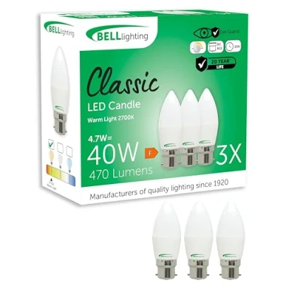 Image of Bell Lighting B22 Bayonet Dimmable Light Bulb LED Candle 3 Pack Warm White 2700K 470 Lumen 4.7W Energy Saving 40W Halogen Lamp Equivalent
