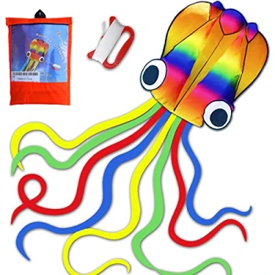 Image of Large Octopus Kite Single Line, Easy Flyer Rainbow with Long Colourful Tails for Games and Outdoor Activities Adults