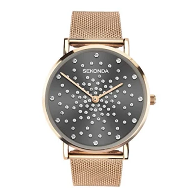 Image of Sekonda Celeste Ladies 36mm Quartz Watch in Grey with Analogue Display, and Rose Gold Stainless Steel Mesh Bracelet 40029