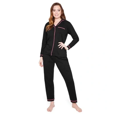 Image of Womens Pyjamas Set Classic Button Down Nightwear Long Sleeve &amp; Bottoms PJs Cosy Cotton Lounge Wear S XL Sleepwear Gifts for Her (Black, XL)