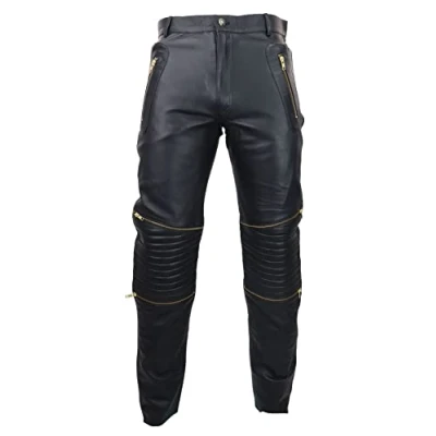 Image of Mens Black White Real Leather Jeans Gold Zips Retro Classic Vintage Goth Punk 30