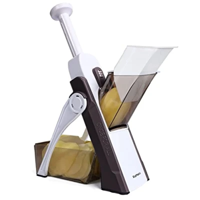 Image of SUPMAKIN Safest Mandoline Vegetable Slicer/Chopper, Potato Chip Cutter, Multifunctional Veg Chopper with 4 Cutting Modes to Slice, Dice, Chop, Julienne, Best Kitchen Gadgets Once for All Brown