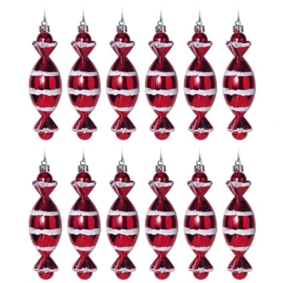 Image of Sweet Christmas Tree Bauble Decorations Red White Candy Cane Stripe Set of 12