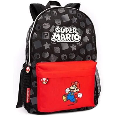 Image of Super Mario Backpack For Boys &amp; Girls Kids Toad Mushroom Black School Nintendo Rucksack Gamer Bag With Adjustable Straps One Size