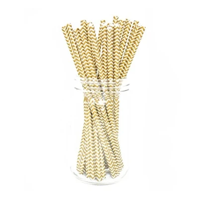 Image of Premium Paper Straws [Pack of 25 Drinking Straws] by Picture Perfect Party (Gold Chevron)