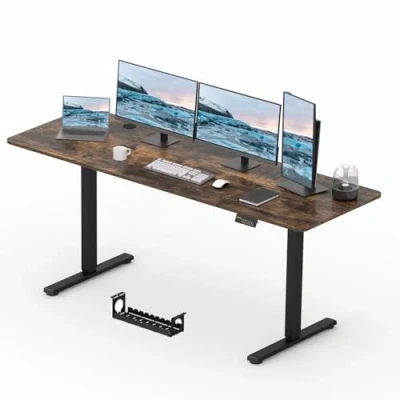 Image of FitStand Electric Standing Desk 200x80cm, Height Adjustable with Headphone Hooks, Stand Up Home Office Memory Function and Child Lock (Black Frame+ Brown Desktop)