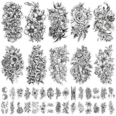 Image of Flowers Temporary Tattoo for Girls or Women 10 Sheets Extra Larger and 30 Waterproof Tiny Fake Tattoos Party Decoration Stickers Kits.
