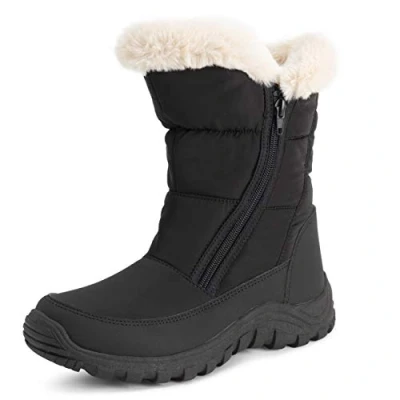 Image of Polar Womens Memory Foam Twin Zip Opening Pull On Nylon Waterproof Thick Faux Fur Lined Winter Rain Snow Boots Black/Beige UK8/EU41 YC0662