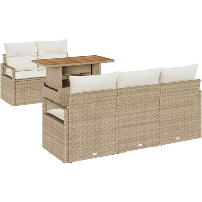 Image of vidaXL 6 Piece Garden Sofa Set with Cushions Beige Poly Rattan Acacia