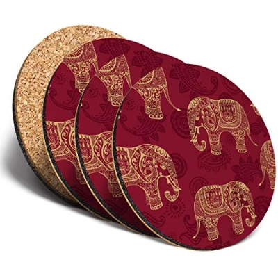 Image of Destination Vinyl ltd Great Coasters (Set of 4) Round Gold Indian Elephants Wild Animal Drink Glossy Coasters/Tabletop Protection for Any Table Type #8856