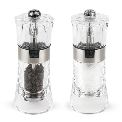 Image of Peugeot Oslo Manual Salt and Pepper Mill Set Adjustable Grinder Acrylic Stainless Steel, Clear, 14 cm