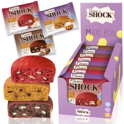 Image of FitnesSHOCK Protein Snack No Added Sugar, 20%/8g Protein, 168 kcal, Pre/Post Workout Treat Palm Oil, Filling dietary fibre, Soft Texture, 9x40g Variety pack: red velvet cake, rum baba, tiramisu