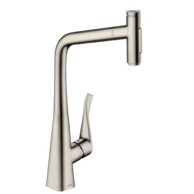 Image of hansgrohe 73816800 M7117 H320 Kitchen Tap, Hose Box, Selectable Swivel Range, Pull Out Spray, Stainless Steel, Spout height 32 cm