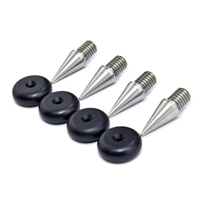 Image of PrecisionGeek Stainless Steel Speaker Spikes M8 10mm diameter 4 pieces and Black Anodised Aluminium Pads, Round Shape