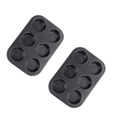 Image of SDMAX Non Stick 6 Slot Baking Tray, Muffin Sturdy, Heat Resistant, Cupcake Pan, Yorkshire Pudding Pies, Round, Cake Mould, Easy to Clean, Black (2PCS)