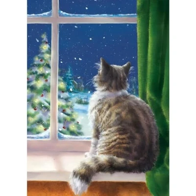 Image of Christmas Cards Pack of 8 Cat and Snowy Tree &#039;First Snowfall&#039; Artistic Design by Lesley Hammet Made in the UK Eco Friendly