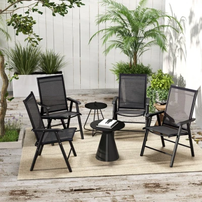 Image of Outsunny Set of 4 Folding Garden Chairs, Metal Frame Chairs Outdoor Patio Park Dining Seat with Breathable Mesh Seat, Black