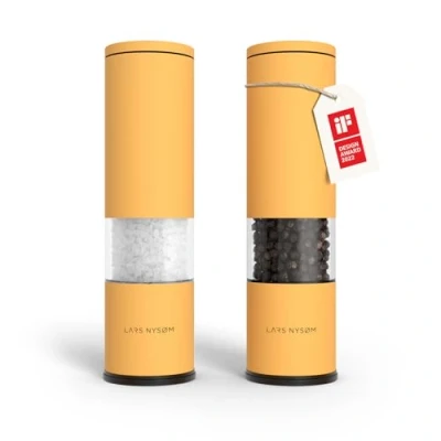 Image of LARS NYSØM Salt and Pepper Mills Set Stainless Steel with Adjustable Ceramic Grinder 2 Pieces I Design Spice Manual (Mustard Yellow)