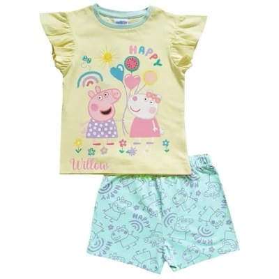 Image of Girls Peppa Pig Short Pyjamas Yellow Summer Nightwear (Personalised 12 18 Months)