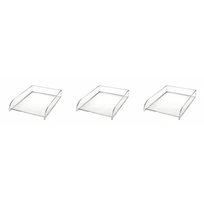 Image of OSCO Clear Acrylic Stacking Letter Tray 3 Pack A4 Easily Stackable Desk File Organiser Paper Storage Office Document Sorter Paperwork Filing No Risers Required H6 x W24.5 D33 cm