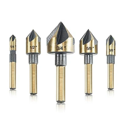 Image of Countersink Drill Bit Set, 5 Pieces High Speed Steel 82 Degree Flute 6mm Round Shank Mill Cutter in Sizes 1/4 3/8 1/2 5/8 3/4 Set with Carrying Case.