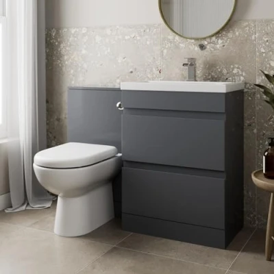 Image of Artis 1100mm L Shape Bathroom Vanity Sink Unit Furniture Storage Grey Gloss + Basin Ceramic D Shaped Toilet with Concealed Cistern